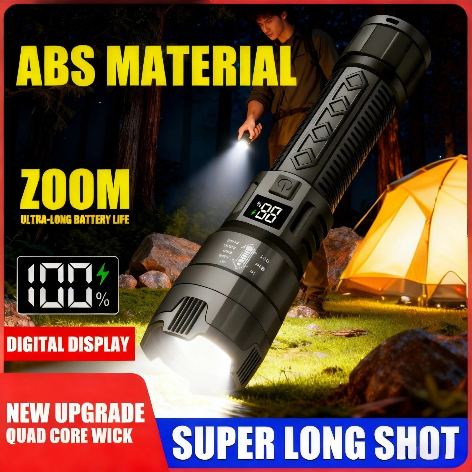 High Strong Power Led Flashlights 2000LM Tactical Torch with Display Light Rechargeable Camping Fishing Emergency Zoom Lantern Oasis Select