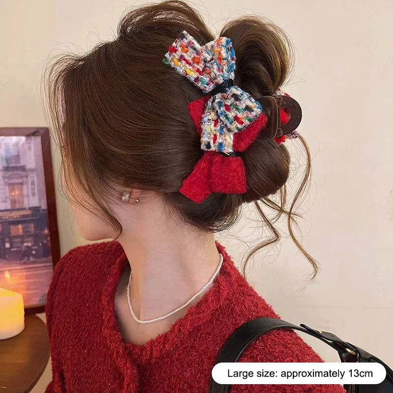 Retro Autumn And Winter Wool-blend Color-block Double Bow Hair Clip For Women Girls Large Shark Clip Hair Accessories Oasis Select A2