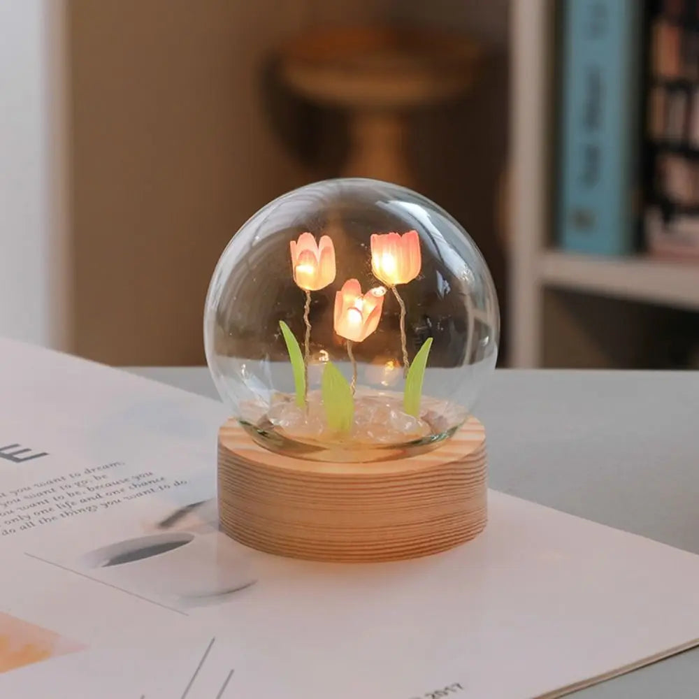 Cute Bedroom Room Decor Floral Lamp Tulip Night Light Valentines Day Gift Lampara Tulipanes Girlfriend DIY Material Handmade Oasis Select Pink-3 Flowers