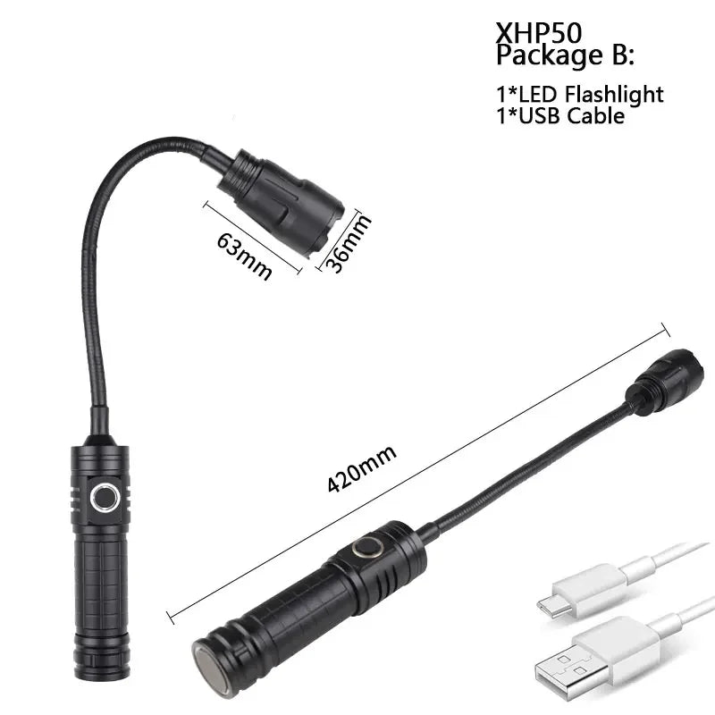 USB Rechargeable XHP50 LED Flashlight Flexible Pickup Tool Lamp with Magnet Zoomable Torch Multifunctional Foldable Flashlight Oasis Select Package B