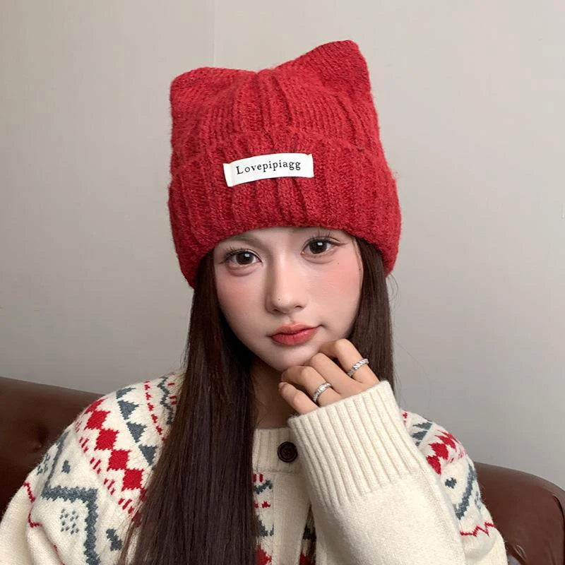 Cat Ear Knitted Beanie – Korean Style Winter Hat for Women