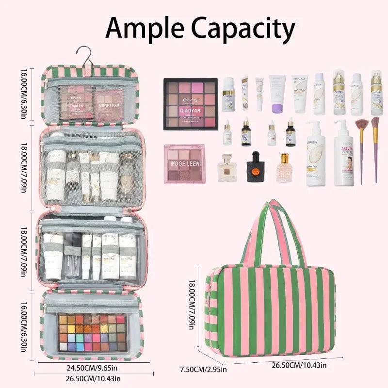 Collapsible Hanging Travel Cosmetic Pouch Striped Multi Compartment Design Wet Dry Separated Storage Bag Lightweight Organizer Oasis Select