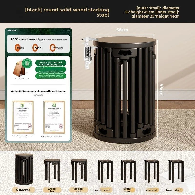 Household stools can be stacked solid wood round stools stacked low stools with pulleys wooden stools sturdy and durable Oasis Select Black-6