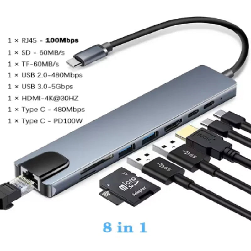 Type C 3.1 To 4K HDMI Adapter with RJ45 100Mbps Ethernet Adapter SD/TF Card Reader PD 100W Charge for MacBook Notebook Laptop Oasis Select