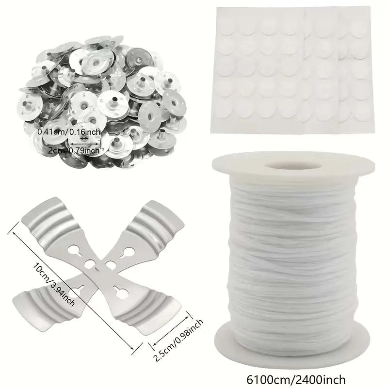 1Roll Cotton Candle Wick Roll,2 Metal Holders,60 Stickers 100Pcs Metal Candle Wick Sustainer Tabs for DIY Craft Candle Making Oasis Select