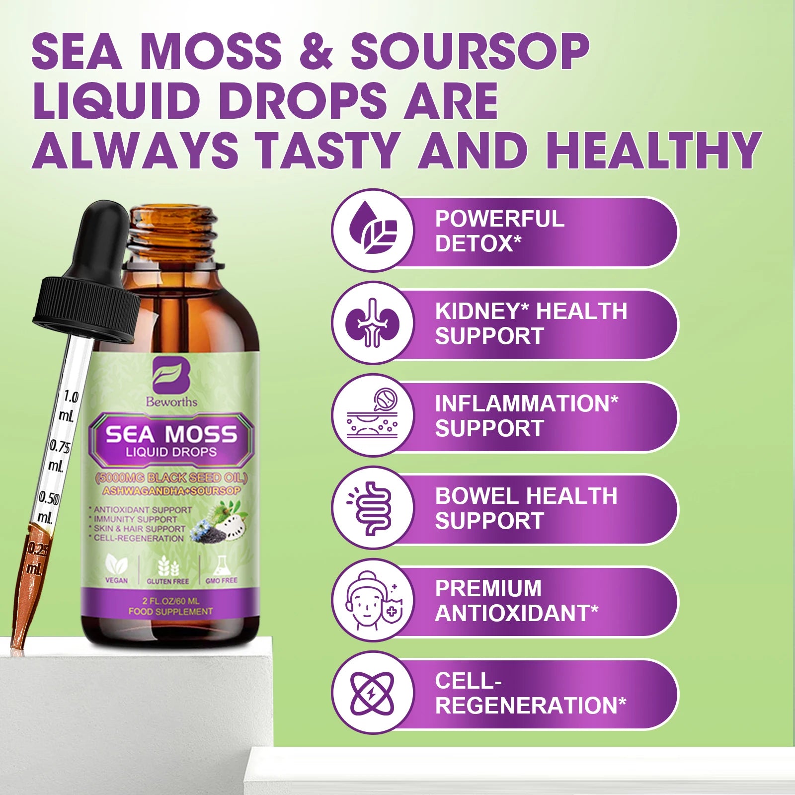BEWORTHS 60ML Sea Moss Extract Drop Support Immunity and Kidney Health, Promote Digestion and Antioxidation Oasis Select