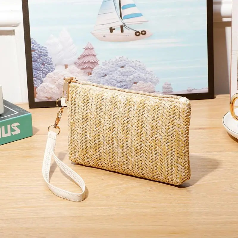 Weaving Bag Fashion Ladies Wristlet Clutch Women Daily Money Phone Clutch Solid Straw Woven Coin Purse Beach Wallet Card Holder Oasis Select Yellow