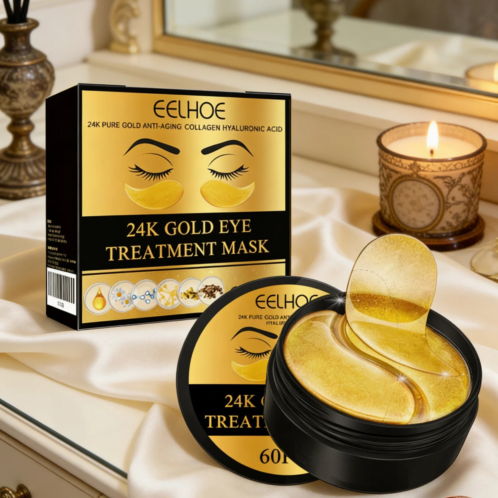 EELHOE 24k Gold Eye Treatment Mask Collagen Hyaluronic Acid Anti Wrinkle Reduce Dark Circles Daily Skin Care Under Eye Patches Oasis Select