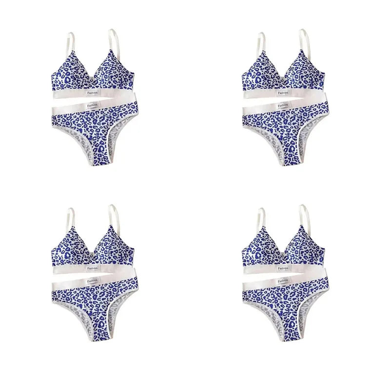 1-4pcs Summer Set New Women's Leopard Print Traceless and Steel Rim Bra Adjustable Shoulder Strap Back Women's Underwear Set Oasis Select Blue 4 set One Size