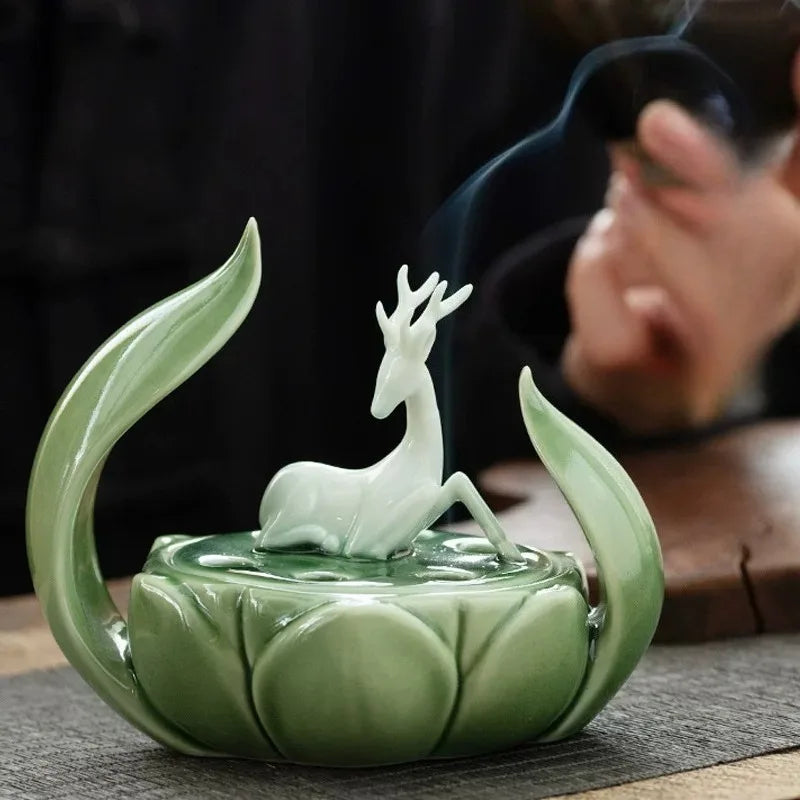 Lotus and Deer Incense Burner Elegant Zen Style Holder for Home Fragrance and Meditation Decor Creative Ceramics Handicraft Oasis Select