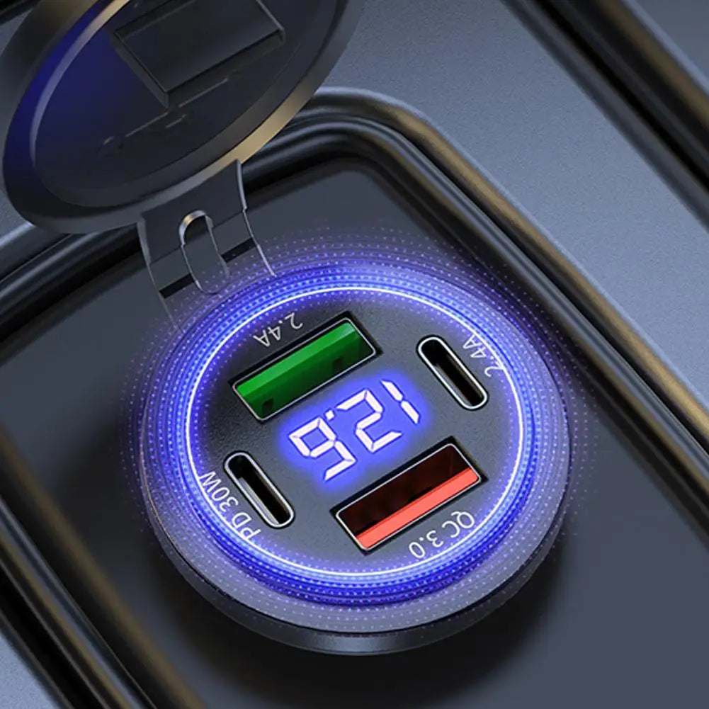 4-Port USB Car Charger 30W PD QC3.0 Fast Charging LED Display Vehicle USB Charger Oasis Select