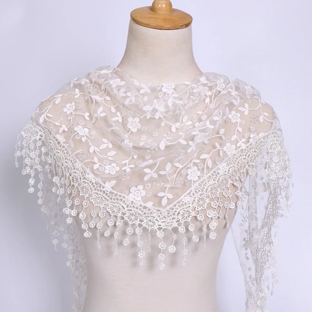 Gifts Triangle Lace Veil Headscarf Floral Breathable Women's Small Floral Scarf Lace Triangle Veil Sequined Gauze Scarf Oasis Select White