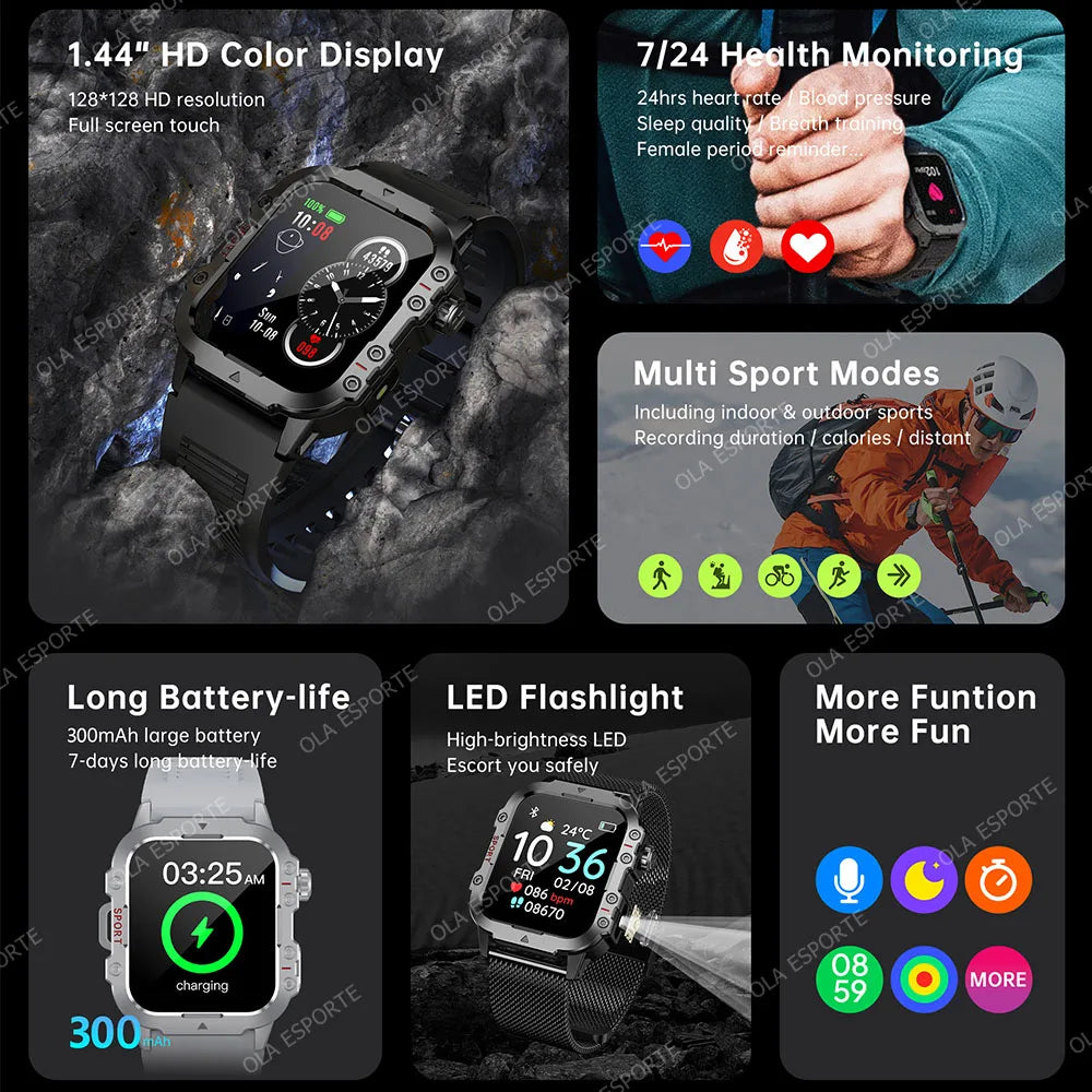Military Smart Watch LED Flashlight GPS Fitness Tracker 3ATM