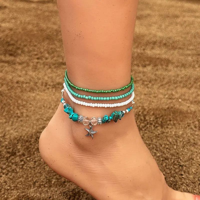 Colorful Bohemian Anklet Set Starfish Shell Beads Ankle Bracelet Women Boho Charm Pendant Handmade Fashion Jewelry Gift Oasis Select 3
