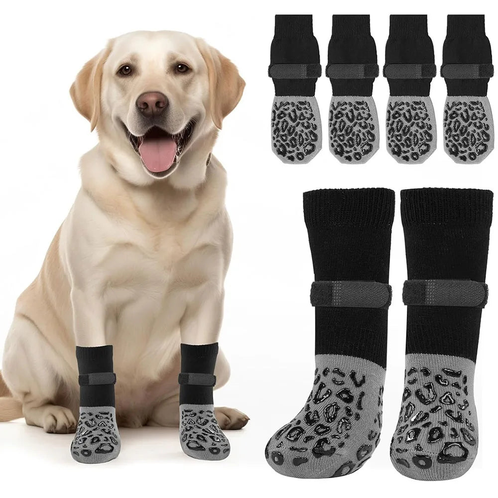 4PCS Anti-Slip Cozy Dog Socks Anti-Scratch Strong Grip Knitted Socks Adjustable Band Cotton Paw Protector Wooden Floors Oasis Select Black-S-