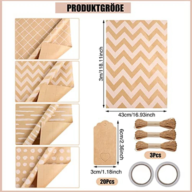 4 Roll Wrapping Paper, Wrapping Paper Role 43 X 300 Cm/Roll Wrapping Paper Set With 2 Adhesive Tapes 3 Ropes 20 Kraft Paper Tags Oasis Select