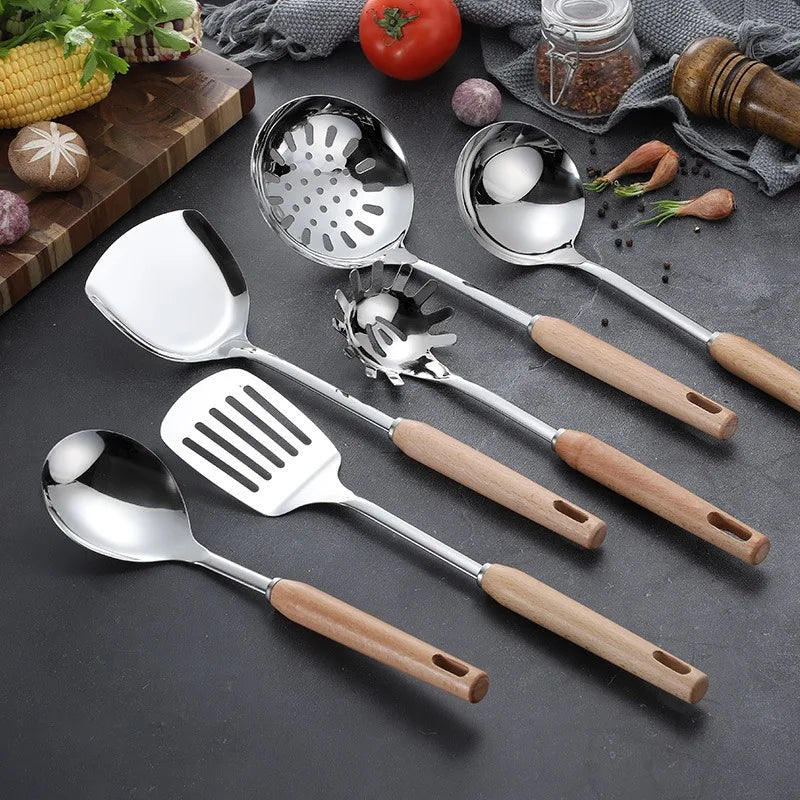 6-Piece Wooden Handle Stainless Steel Kitchen Utensil Set Kitchen Utensil Set Oasis Select