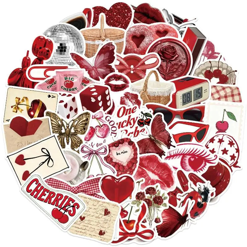 50PCS Y2K Aesthetic Cherry Stickers Laptop Guitar Suitcase Journal Phone Case Diary Notebook Doodle Decals Decor Gift Oasis Select