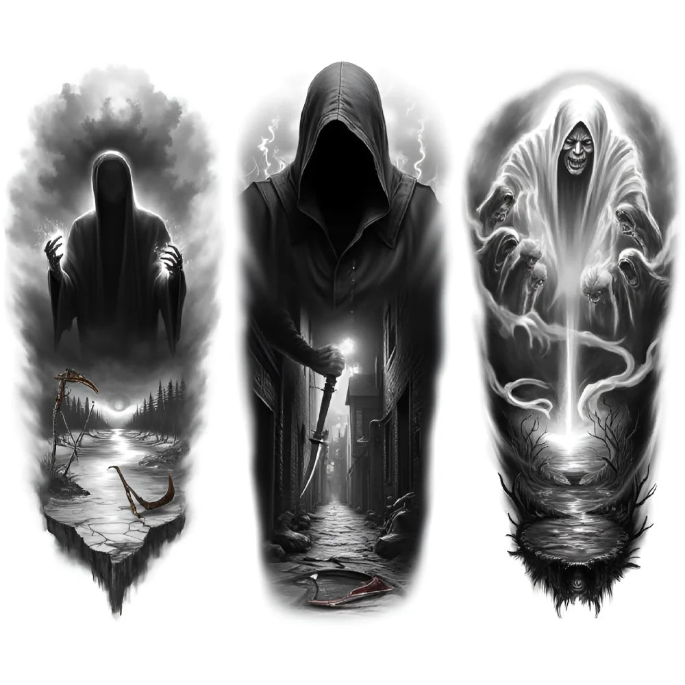 3-Pack Skull & Grim Reaper Temporary Tattoos – Black & Grey