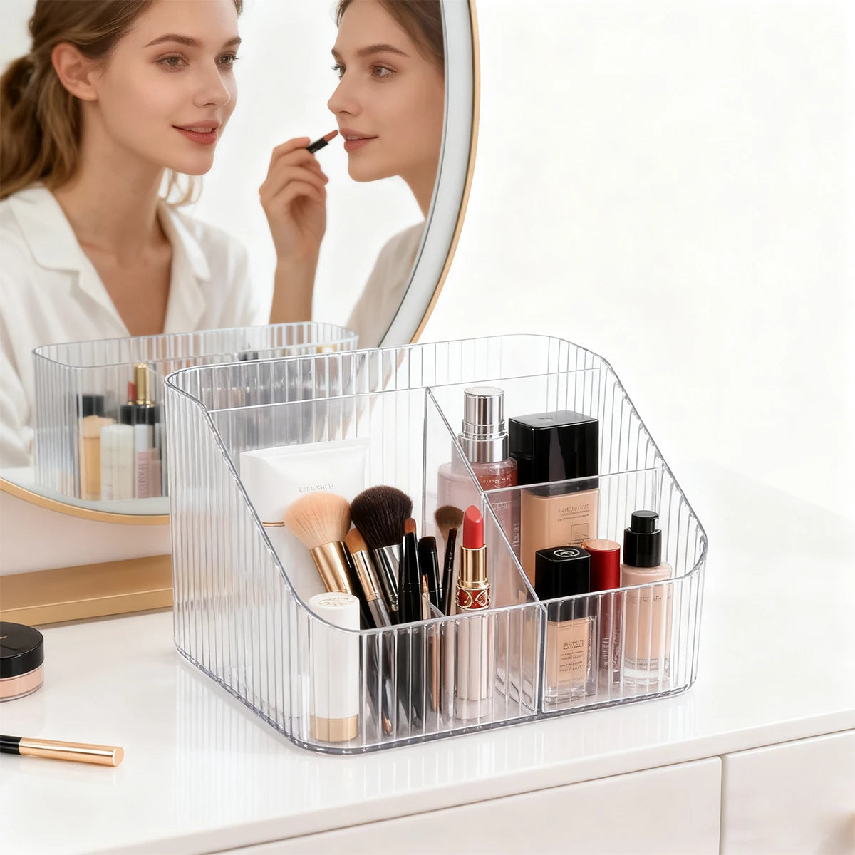 1pc Vertical Pattern 4-Grid Transparent Acrylic Cosmetics Storage Box Suitable for Bathroom Accessories andOffice Desk Organizer Oasis Select