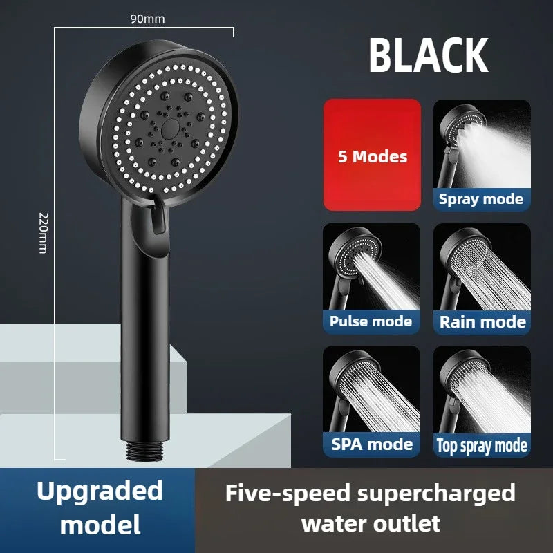 5 Mode Pressure Boost Shower Head Multifunction Adjustable Large Water Yield Shower Nozzle Massage Shower Bathroom Accessory Oasis Select black shower head