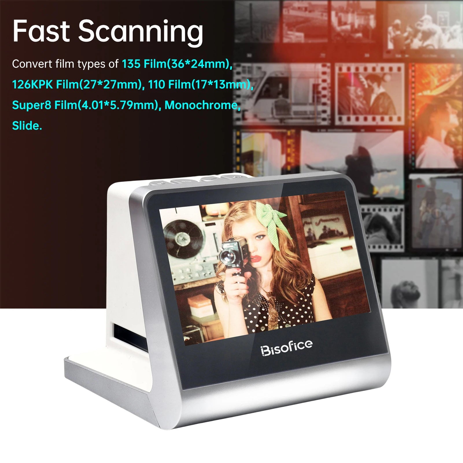 Bisofice Film and Slide Scanner 5'' LCD Screen for 135 Film/126KPK /110 Film/Super8/ Monochrome/Slide to Digital JPEG Photos Oasis Select