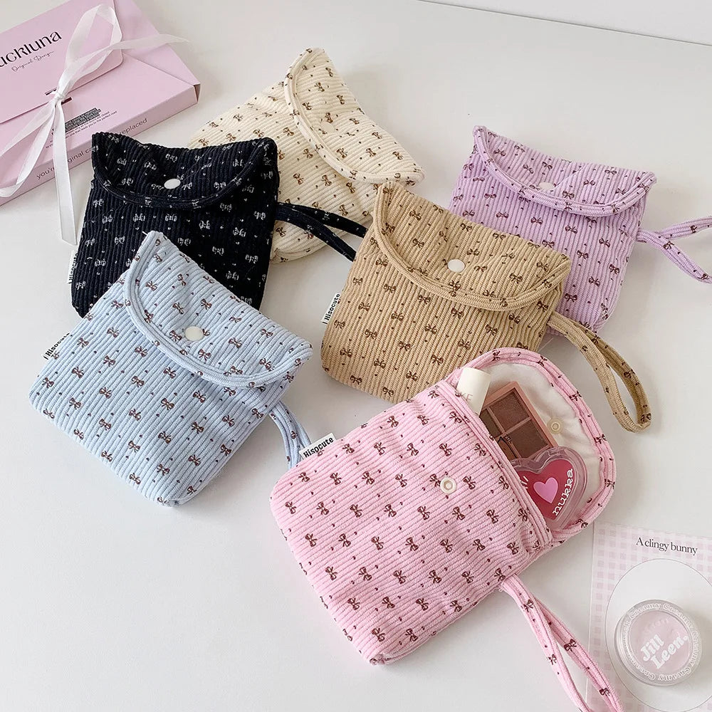 Corduroy Makeup Bag Premium Portable Storage Bag Cosmetic Organizer Bag Spacious Bow Sanitary Napkin Pouch For Gift For Women Oasis Select