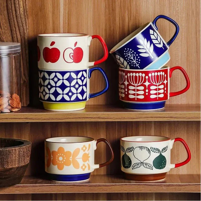 300ml Japanese Flower Coffee Mug Set Retro Ceramic Milk Oats Mug Office Water Handgrip Cup Kitchen Party Drinkware Set Oasis Select