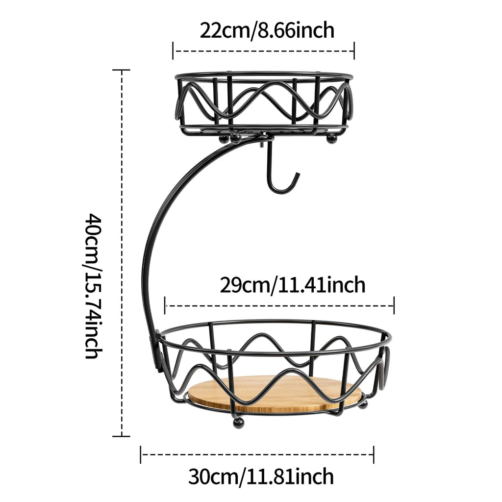 Wrought iron fruit basket wooden bottom snack storage fruit plate banana hook round removable fruit and vegetable storage basket Oasis Select black