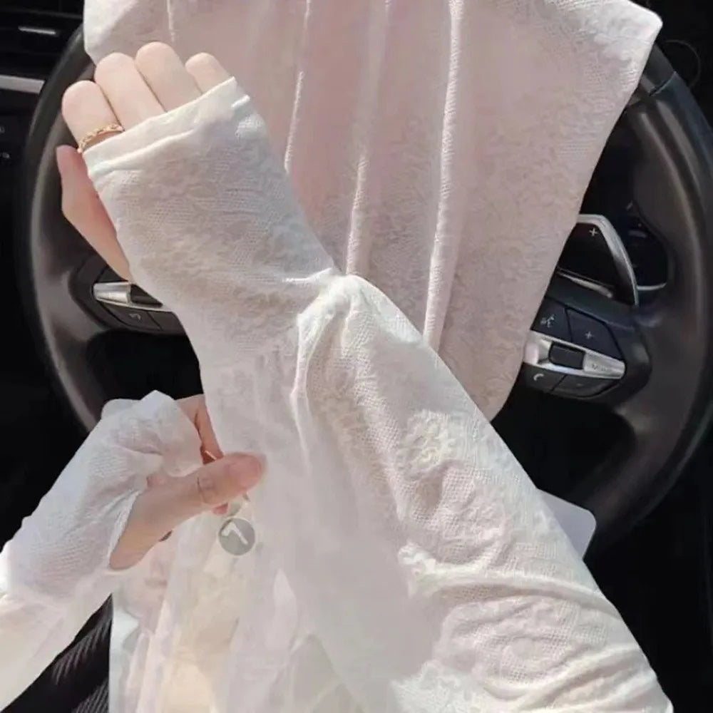 Fashion Lace Ice Silk Sleeves Long Soft Breathable Sunscreen Sleeves UV Protection Arm Glove Sleeves Women Oasis Select White