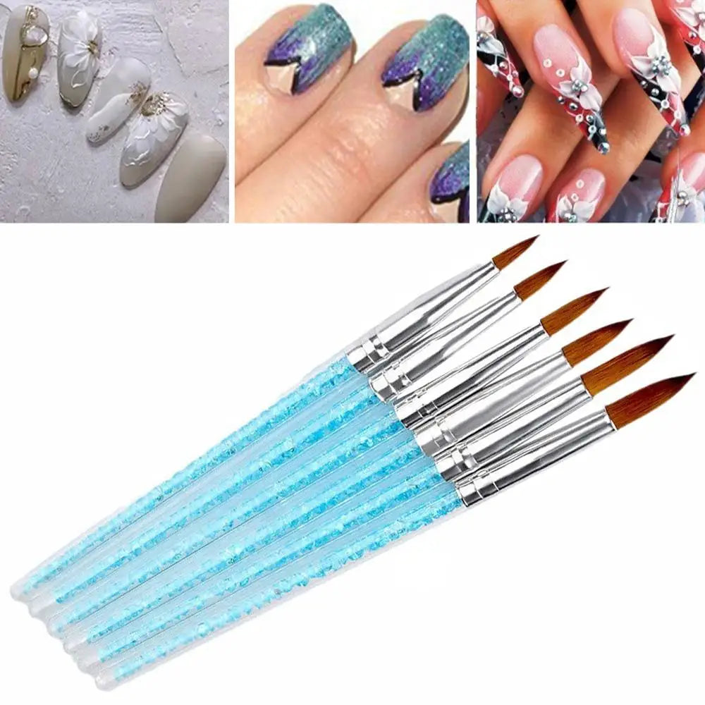 6Pcs/set Nail Art Brush, Acrylic UV Gel Glitter Drawing Painting Brushes Crystal Handle Nylon Hair Carving Flower Pens Nail Tool Oasis Select