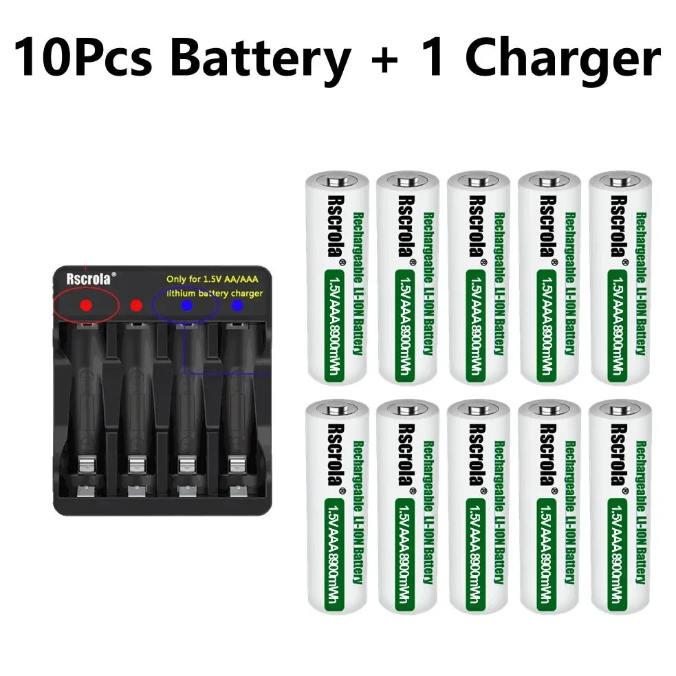1.5V AAA8900mWh rechargeable battery New AAA lithium battery long life for Mouse Flashlight Fan Game Machine electric toy Oasis Select 10P AAA and 1Charger 1.5V