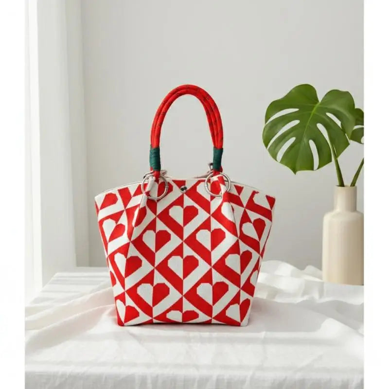 Women's Vintage Knit Tote Bag Storage Bag Lightweight With Metal Rings Snap Closure For Casual Travel Handbag Oasis Select