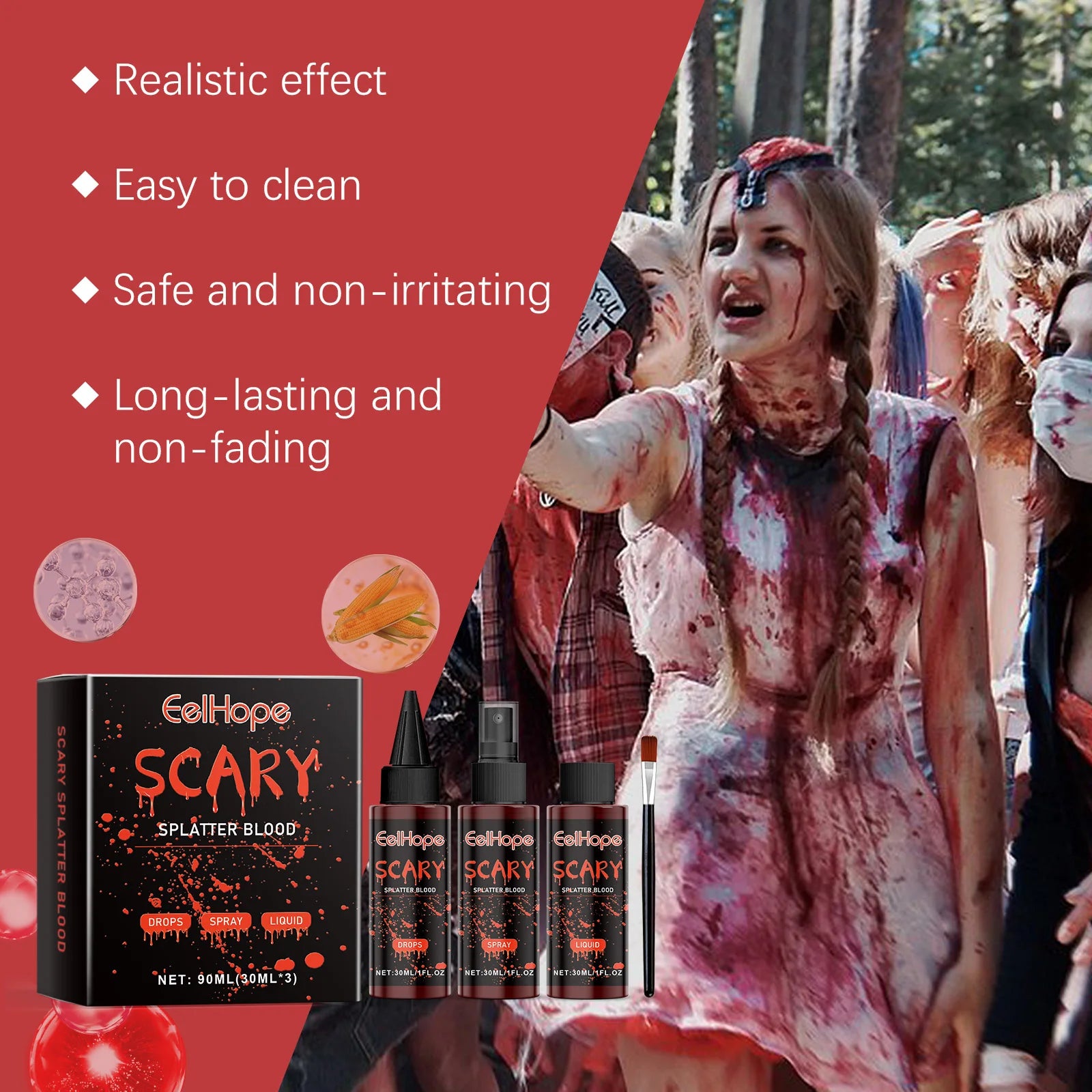 Halloween Fake Blood Makeup Kit Blood Drop Vampire Zombie Cosplay Washable Mock Blood Fake Blood Spray For Party Horror Red Tool Oasis Select