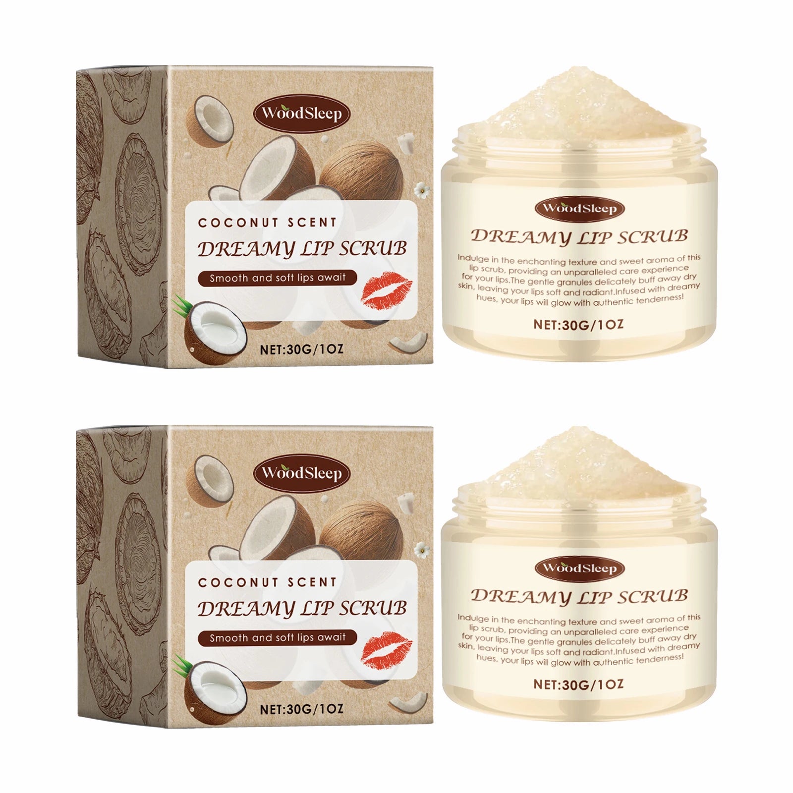 WOODSLEEP Coconut Vanilla Lip Scrub – Exfoliate & Moisturize Lip Scrub Oasis Select 60g COCONUT