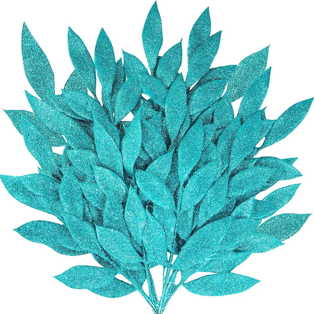 1pcs Glitter Bay Leaf Stems Artificial Christmas Spray Picks Fake Floral Leaf Branches Wired Stem Decor For Christmas Tree Oasis Select Sky blue