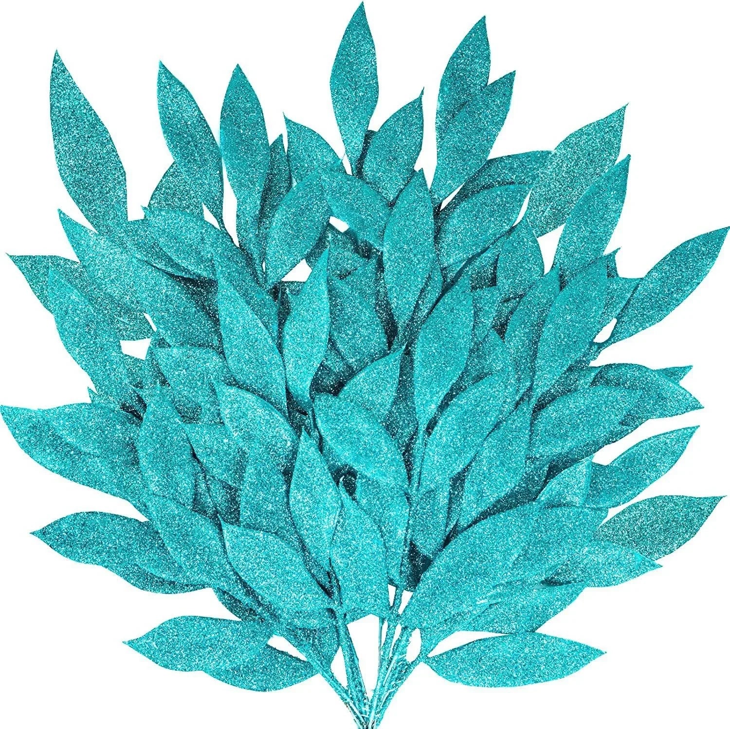 1pcs Glitter Bay Leaf Stems Artificial Christmas Spray Picks Fake Floral Leaf Branches Wired Stem Decor For Christmas Tree Oasis Select Sky blue
