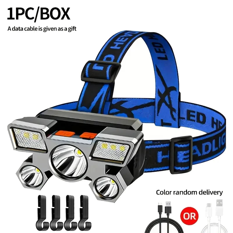 5*LED High Power Headlamp, Super Bright Rechargeable Fishing Camping Light, Long Distance Head Mounted Mining Lamp, Flashlight Oasis Select Blue with hook