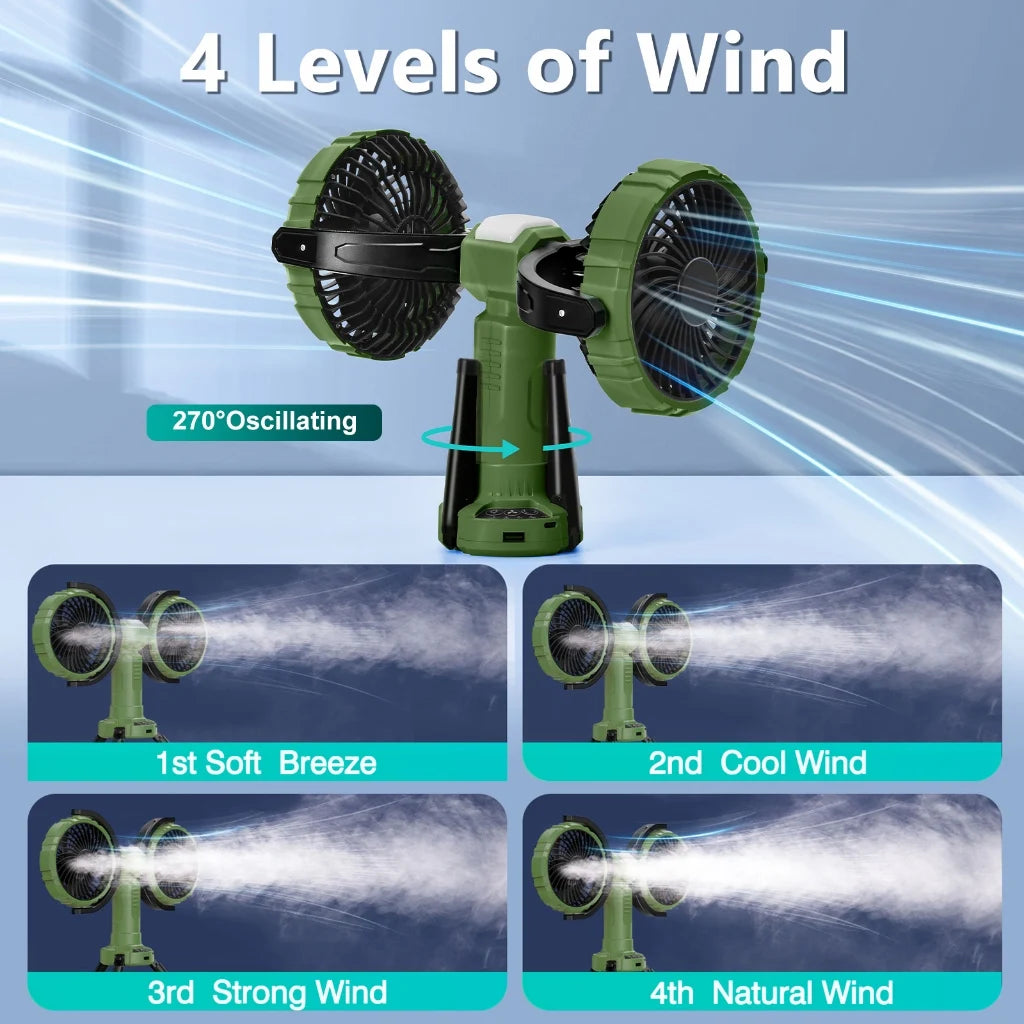 10000mAh Dual Head Fan – 4 Speeds, USB, Portable Outdoor Fan