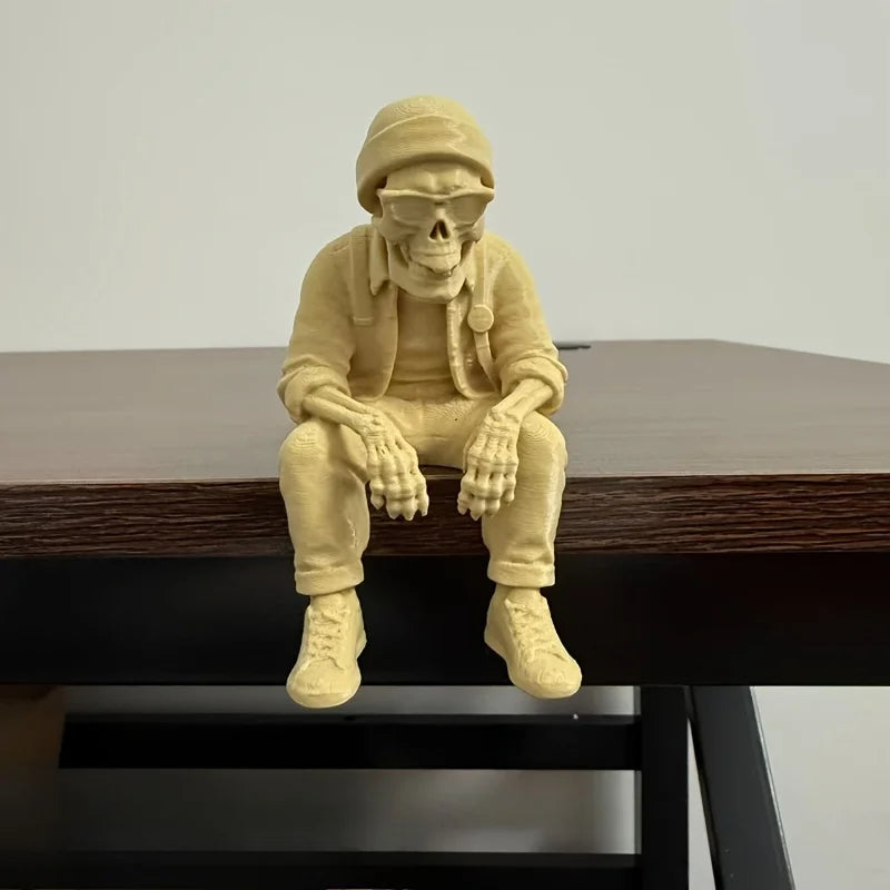 Street Style Skeleton Traveler Ornaments Fashion Skeleton Sitting Statues Cool Leisure Beanie Home Desktop Ornaments Decor Gifts Oasis Select