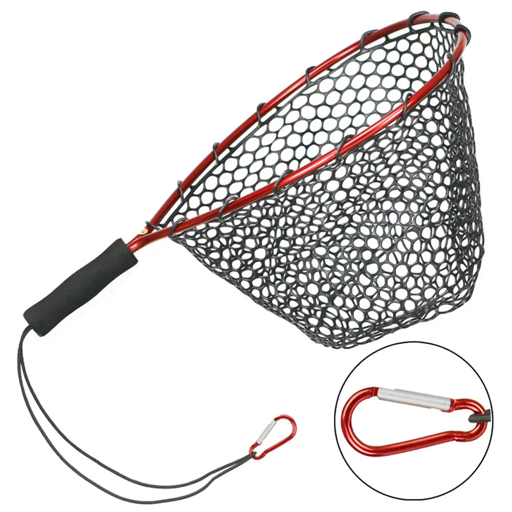Fishing Net Soft Silicone Fish Landing Net Aluminium Alloy Pole EVA Handle with Elastic Strap and Carabiner Fishing Nets Tools Oasis Select Red