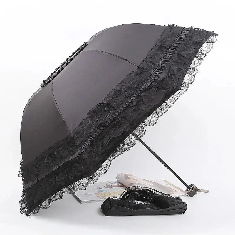 Vintage Lace Parasol Foldable Gothic Lolita Umbrella Lady Rain Anti-uv Protection Umbrella Dome Props Parasol Umbrella Lady Oasis Select black 8K