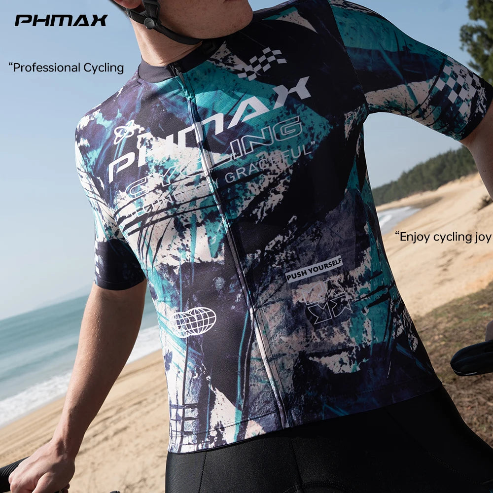 PHMAX Men Mountain Bike Jersey Short Sleeve Cycling Jerseys with 3 Pockets Cycling Racing Jersey Full-Zip Design Biking Clothing Oasis Select