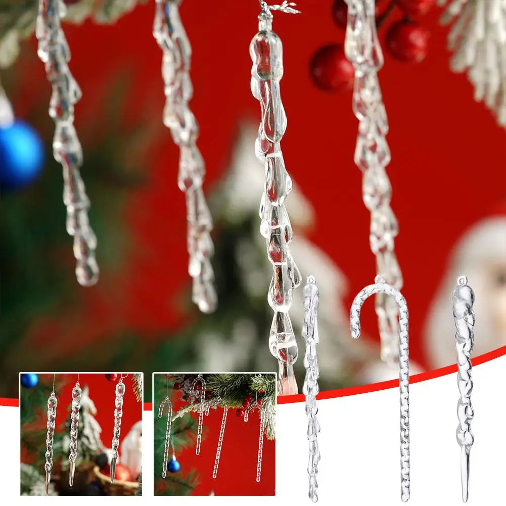 12pcs Acrylic Simulation Ice Xmas Tree Hanging Clear Fake Icicle Pendant Ornament Merry Christmas Party Decoration New Year Oasis Select