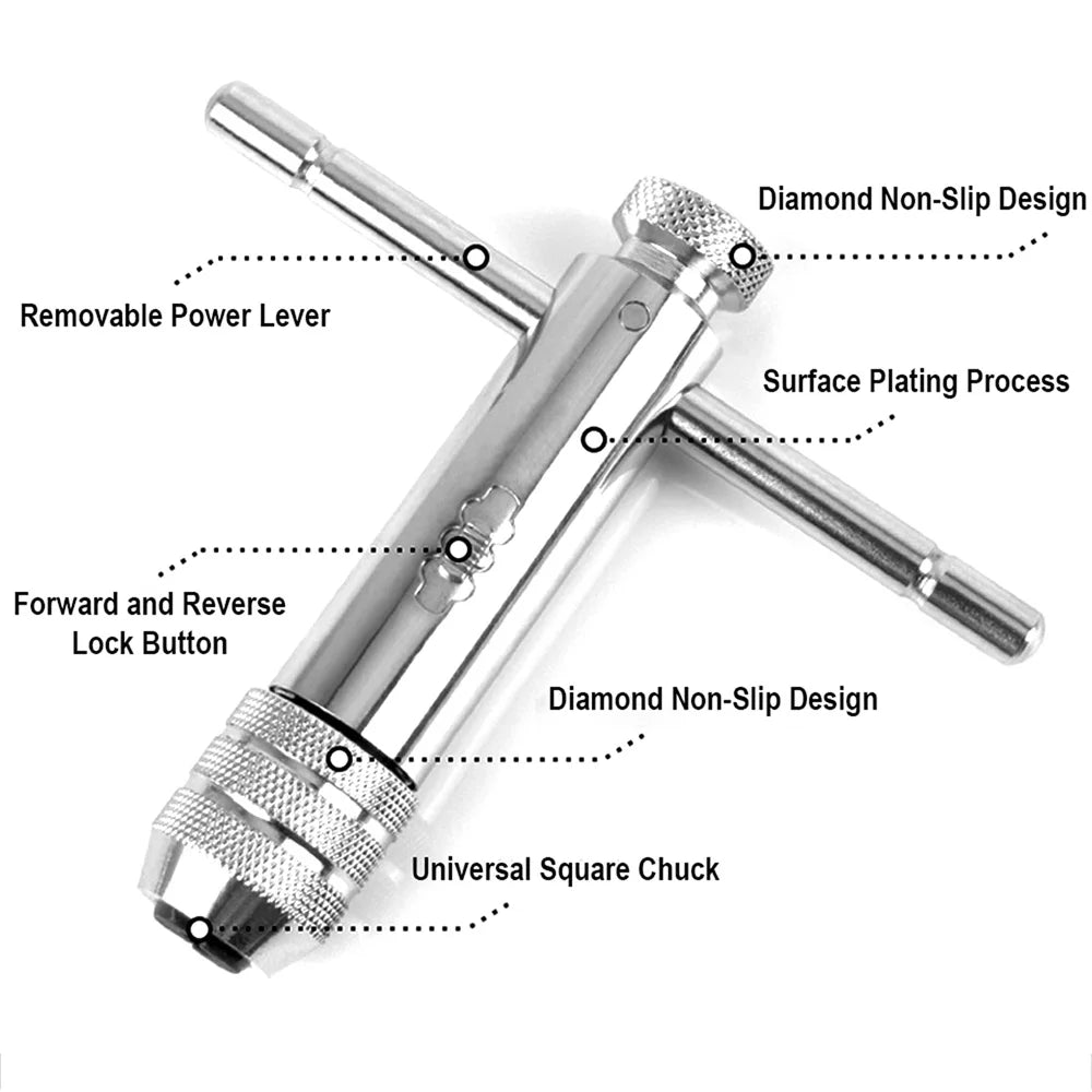 Adjustable Silver T-Handle Ratchet Tap Holder Wrench Set Hand Tools with 5pc M3-M8 Machine Screw Thread Metric Plug T-shaped Tap Oasis Select