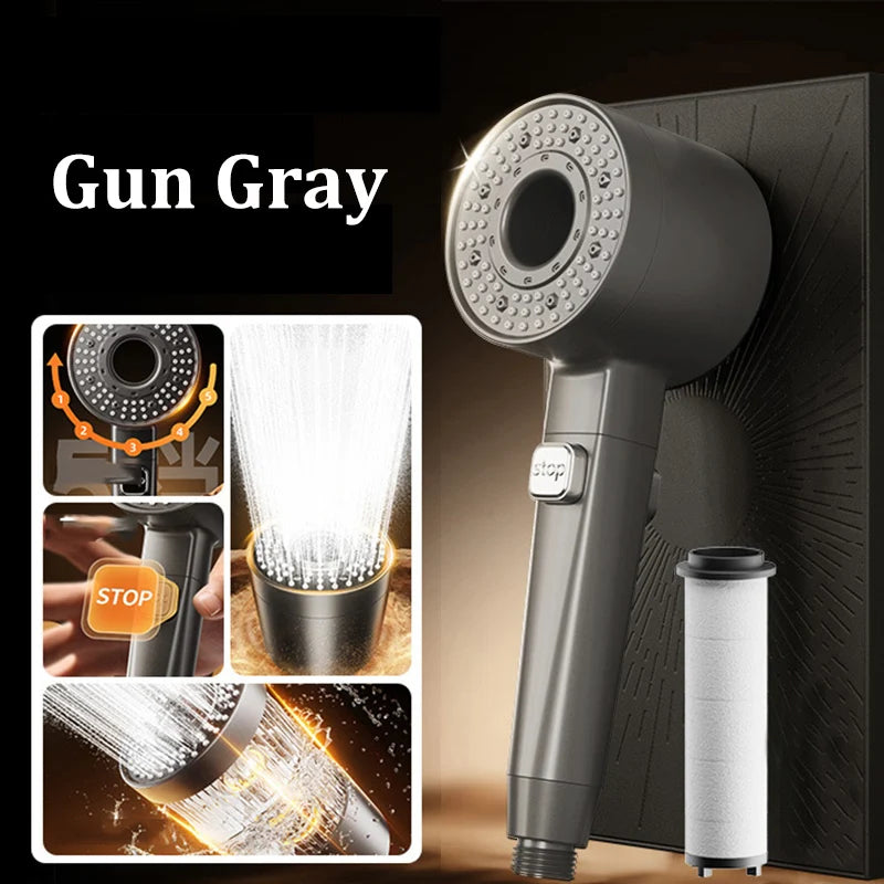 Filtered Super-pressurized Shower Head Five-speed Handheld Hollow Large Water Outlet Bathroom Shower Head Set Oasis Select Gun Gray