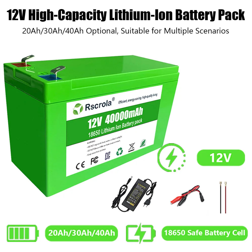 12V Large-Cap 18650 Rechargeable Li-ion Battery Pack (20/30/40Ah)+Charger – Fits Sprayer, Agri, Solar, Kids’ Toy Car, Scale Oasis Select
