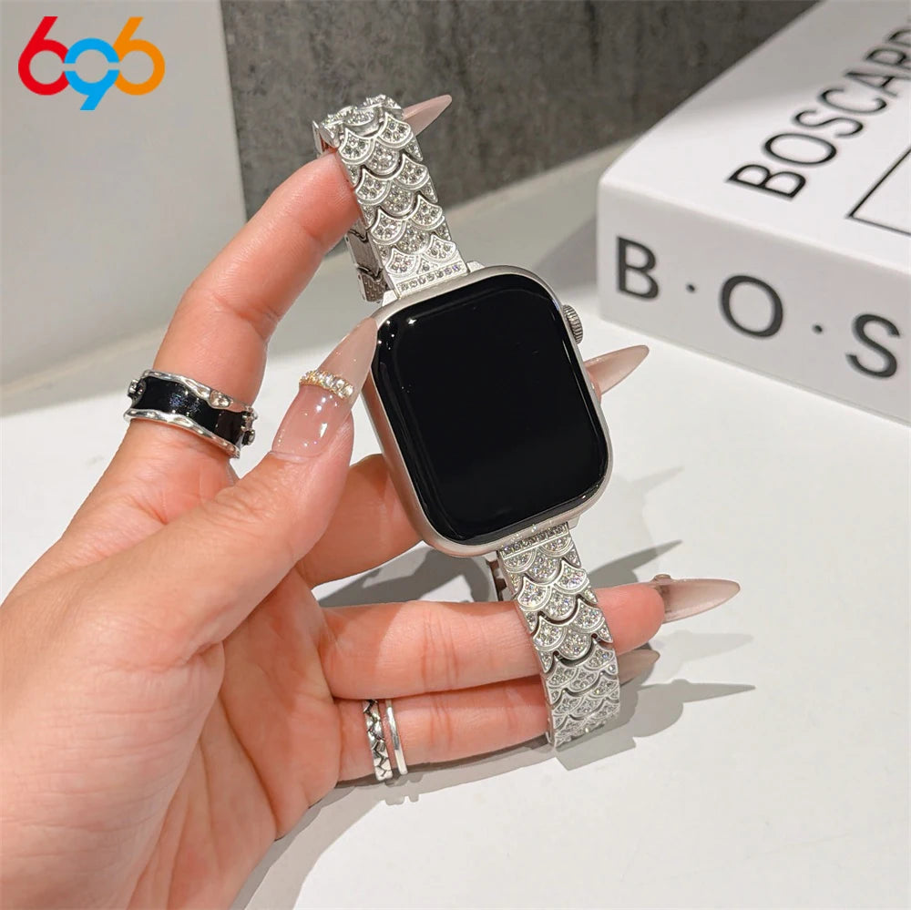 Women's Band For IWatch Series 9 8 7 6 SE 5 4 Full-Diamond Fishscale Metal Strap For Iwatch Ultra 2 Band 45mm 42mm 40/38mm 44mm Oasis Select SL 42mm44mm45mm49mm