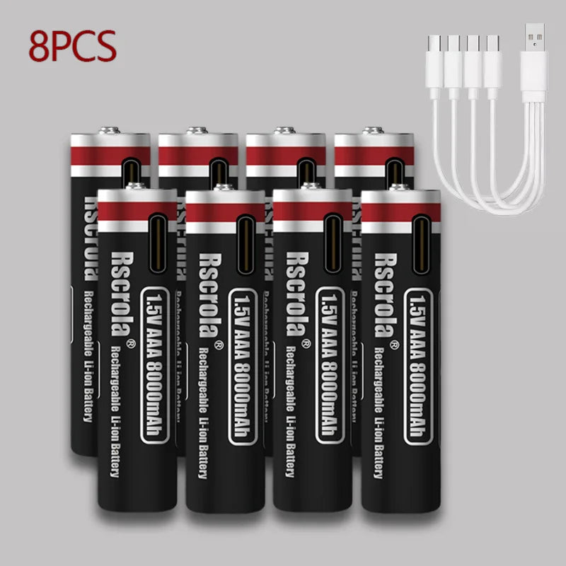 1.5V AAA 8000mAh Lithium Battery - USB Type-C Rechargeable for Portable Speakers, Gamepads, Clocks & Flashlights Oasis Select 8 pcs AA Batteries 1.5V