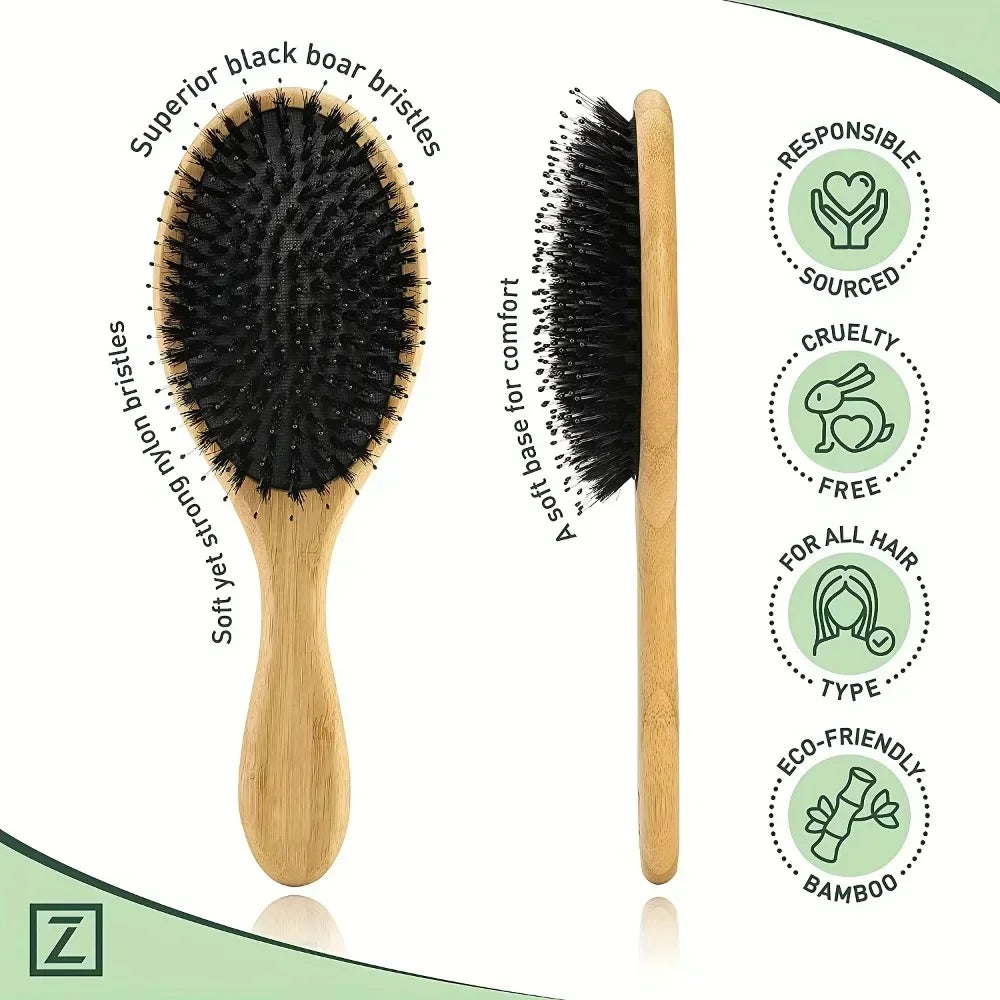 Natural Bamboo Boar Bristle Hair Brush Handle Scalp Massage Comb Anti-static Hair Comb Gasbag Detangling Hair Brush Styling Tool Oasis Select